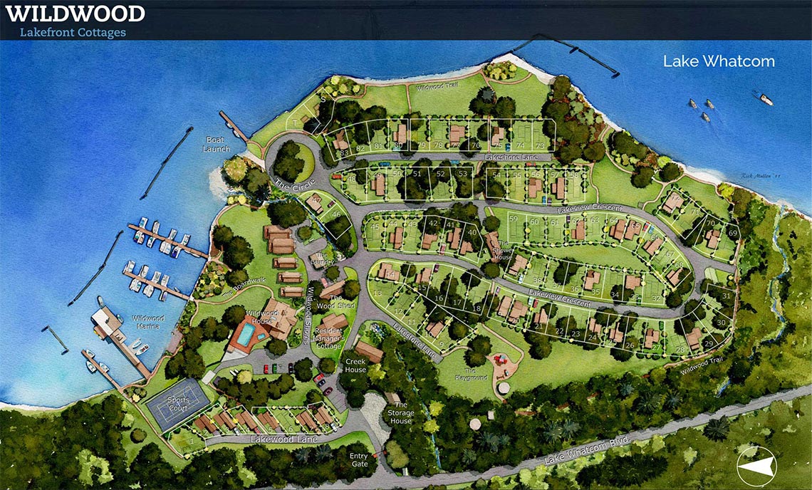 Wildwood Lakefront Cottages property map showing the layout of cottages, amenities, and Lake Whatcom